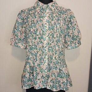 Hudson Gray Floral Smocked‎ Button Up Top Green Tan White Short Sleeve L